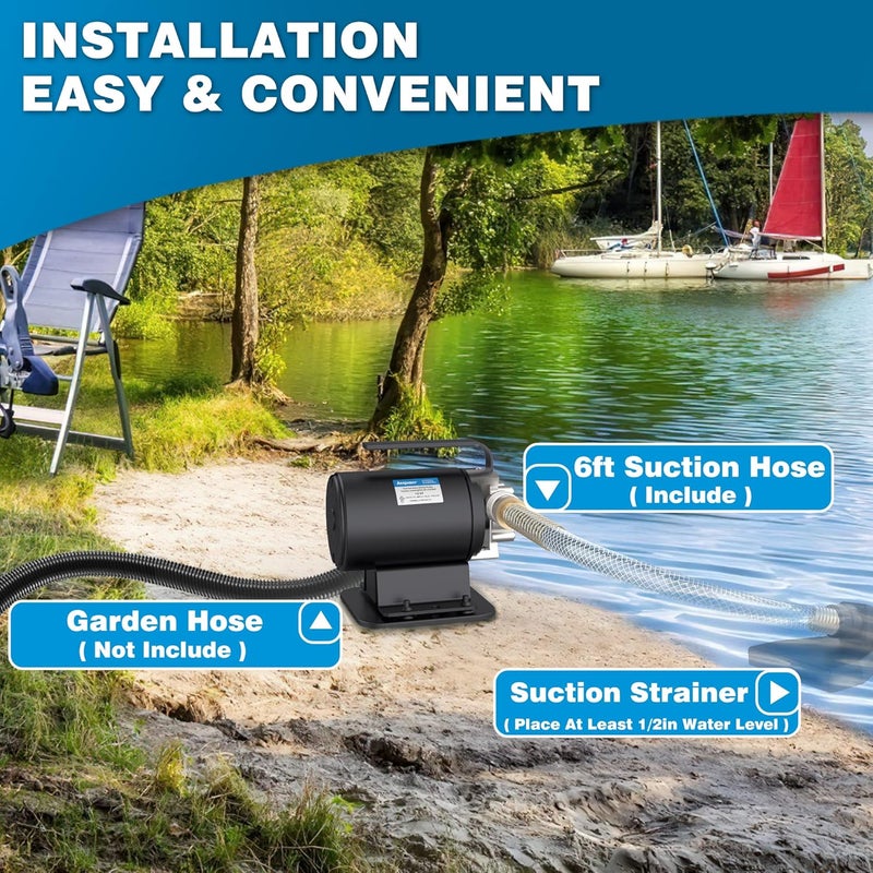 Acquaer Water Transfer Pump DC 12V 1/10HP Portable Electric Water Removal Utility Pump with Switch and Suction Hose Kit, Low Suction Water Removal for RV, Water Beds, Pools, Rain Barrel, Aquariums - Image 5