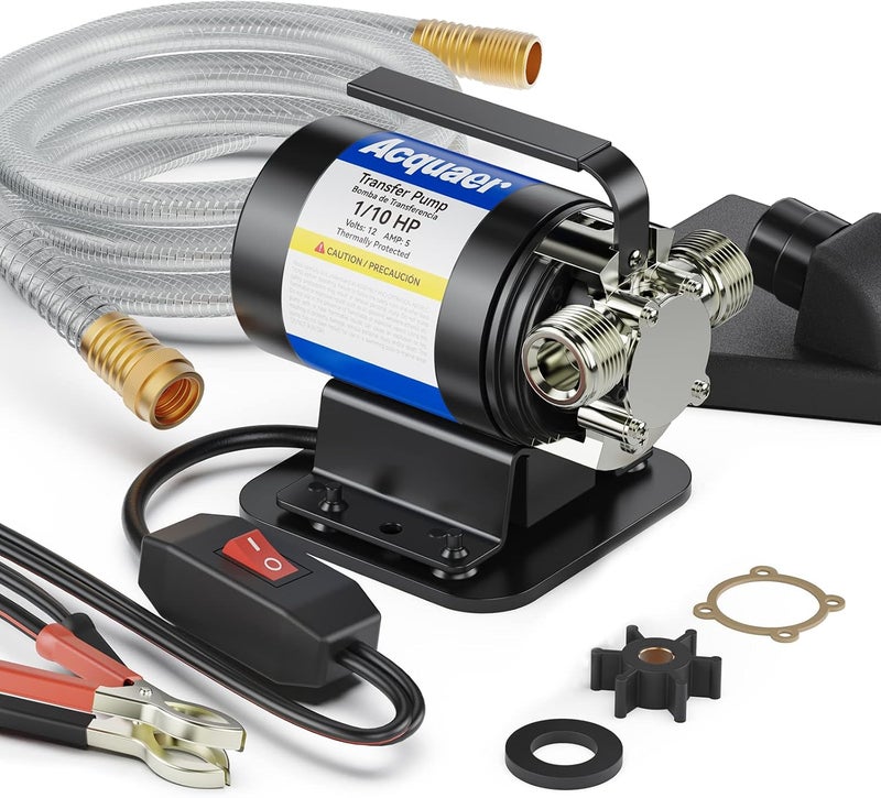Acquaer Water Transfer Pump DC 12V 1/10HP Portable Electric Water Removal Utility Pump with Switch and Suction Hose Kit, Low Suction Water Removal for RV, Water Beds, Pools, Rain Barrel, Aquariums - Image 1