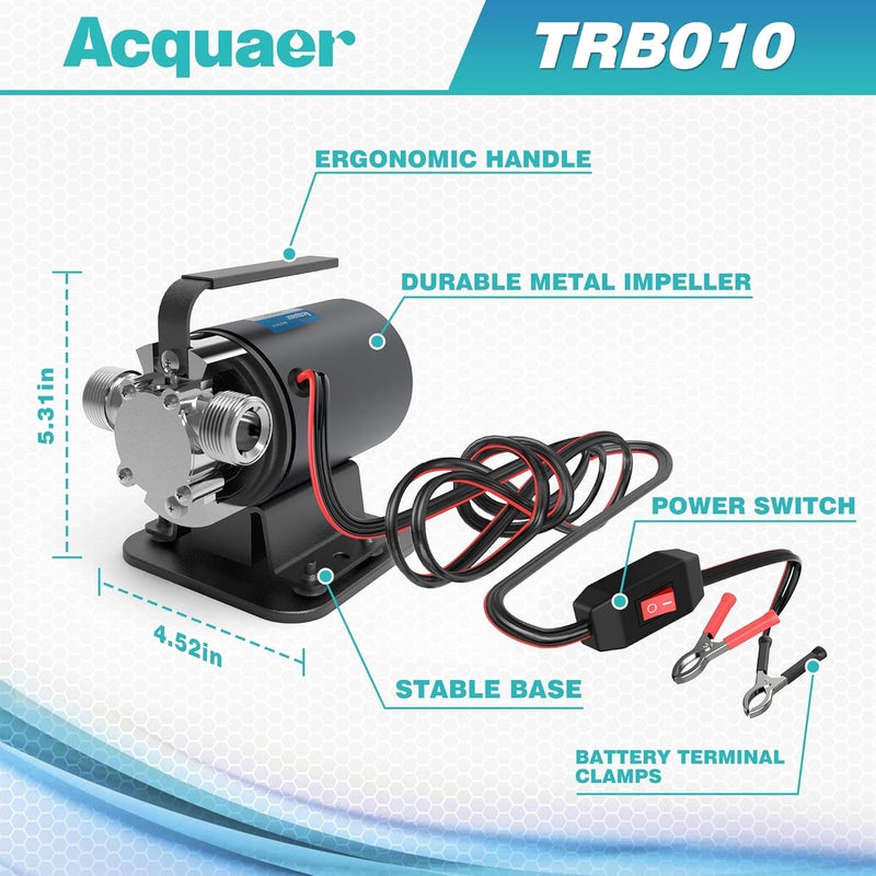 Acquaer Water Transfer Pump DC 12V 1/10HP Portable Electric Water Removal Utility Pump with Switch and Suction Hose Kit, Low Suction Water Removal for RV, Water Beds, Pools, Rain Barrel, Aquariums - Image 3