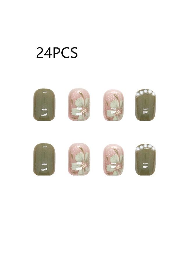 24 Pcs Camellia Pattern With Shiny Pearl Style Nails Plate, Full Cover Fake Nails Glossy False Nails, Acrylic Nails for Women and Girls - Image 1