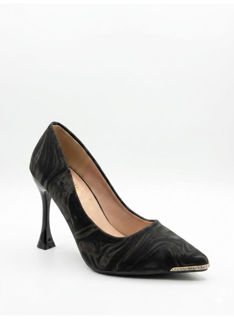 Shoe star حذاء نسائي أسود بكعب عالٍ بنقشة أمواج البحر ومقدمة مدببة - Image 1