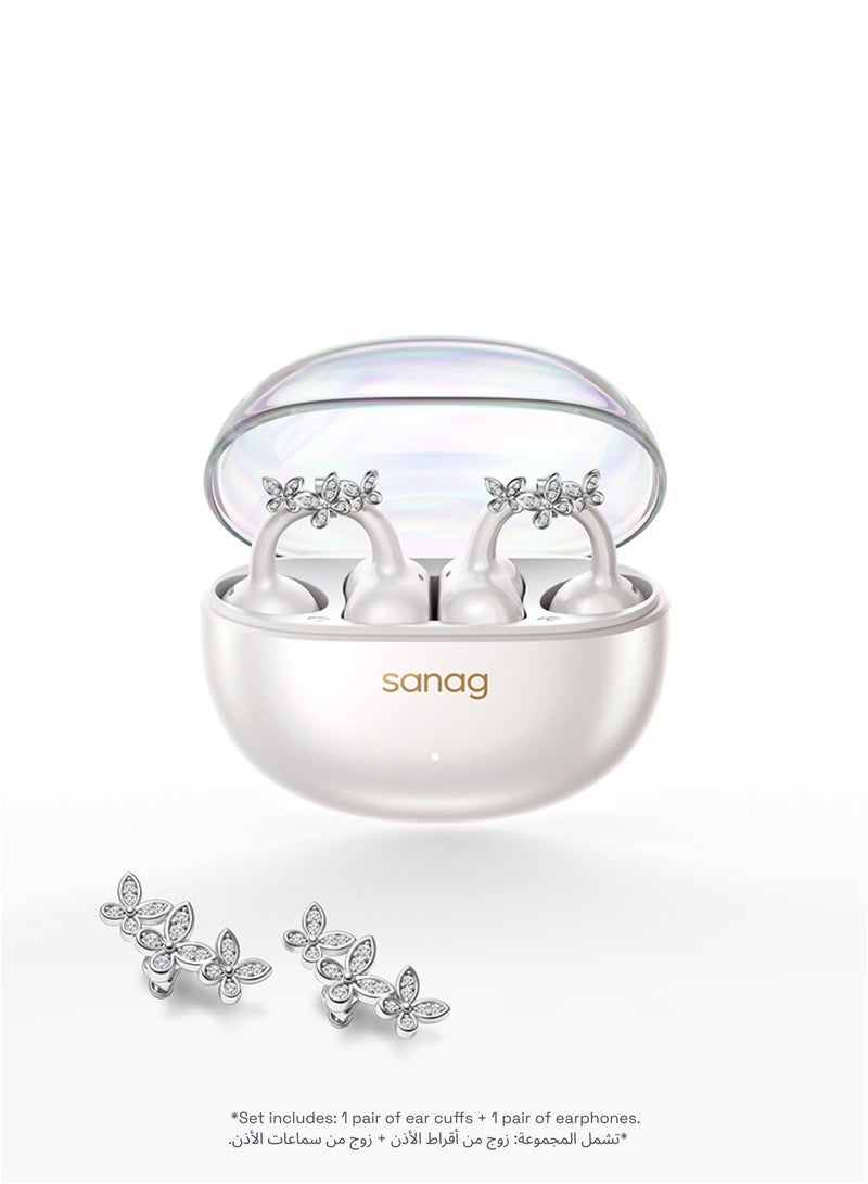 ساناج سماعات SANAG S6S Nova اللاسلكية + طقم قرط Butterfly Glow، سماعات مشبك الأذن المفتوح بتصميم مجوهرات قابل للتبديل، بلوتوث 5.4، بطارية 59 ساعة، مقاومة للماء IP67، درايفر تيتانيوم 10 مم - أبيض - Image 2