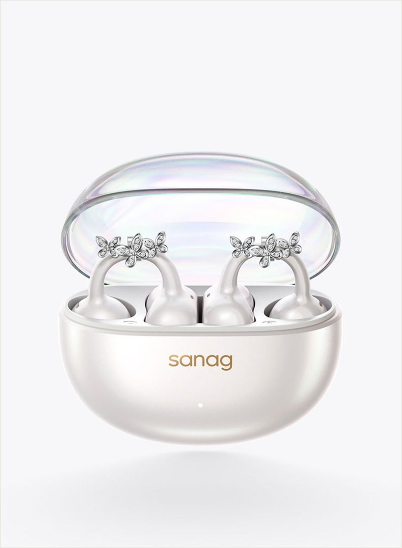 ساناج سماعات SANAG S6S Nova اللاسلكية + طقم قرط Butterfly Glow، سماعات مشبك الأذن المفتوح بتصميم مجوهرات قابل للتبديل، بلوتوث 5.4، بطارية 59 ساعة، مقاومة للماء IP67، درايفر تيتانيوم 10 مم - أبيض - Image 1