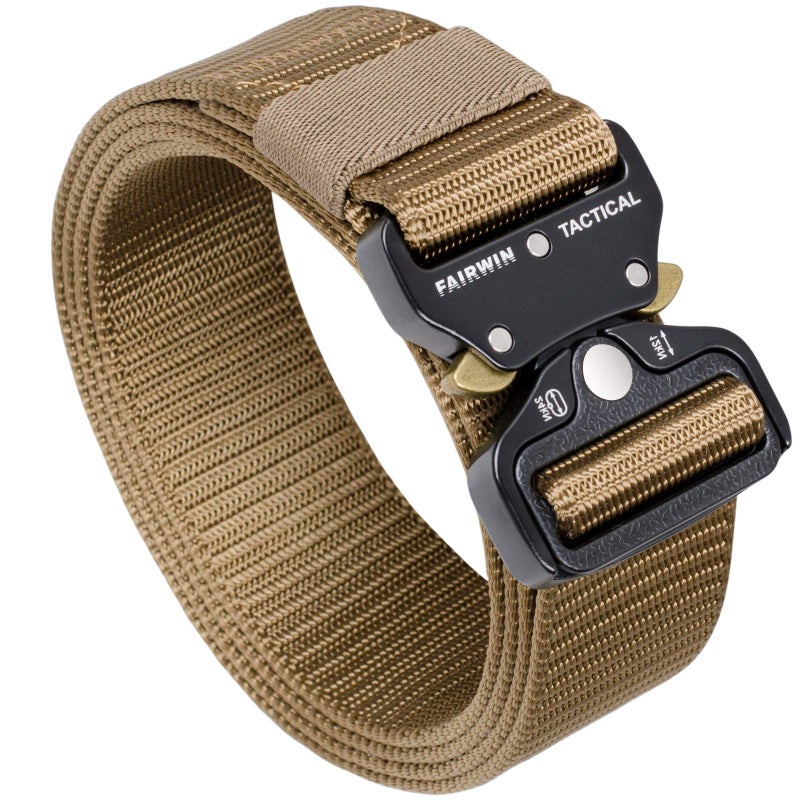 FAIRWIN Tactical Belt, Military Style Webbing Riggers Web Belt with Heavy-Duty Quick-Release Metal Buckle (30"-36", Tan) - Image 1