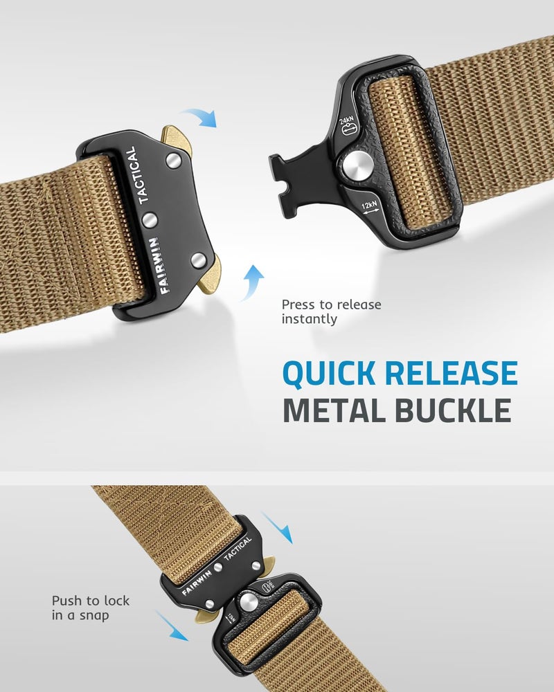 FAIRWIN Tactical Belt, Military Style Webbing Riggers Web Belt with Heavy-Duty Quick-Release Metal Buckle (30"-36", Tan) - Image 2
