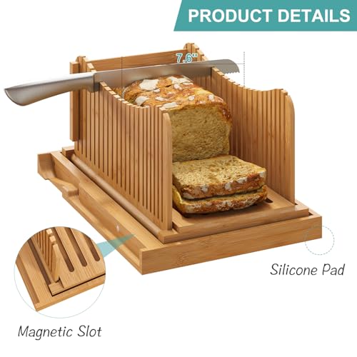 Vriccc Large Bamboo Bread Slicer with Serrated Knife, Adjustable Bread Slicer Guide with 3 Thickness Size, Foldable Compact Chopping Cutting Board with Crumb Tray (Extra A - with Knife) - Image 3