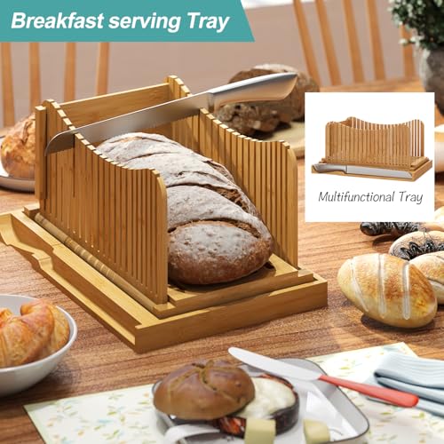 Vriccc Large Bamboo Bread Slicer with Serrated Knife, Adjustable Bread Slicer Guide with 3 Thickness Size, Foldable Compact Chopping Cutting Board with Crumb Tray (Extra A - with Knife) - Image 4