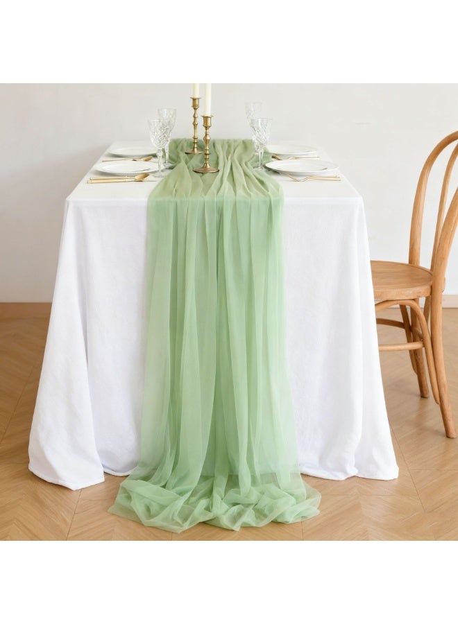 XIYU Chiffon Table Runner 28x120 Inches, Gauze Table Runner, Rustic Sheer Table Decor for Romantic Bridal Shower, Baby Shower, Birthday Party, Sage Green - Image 1