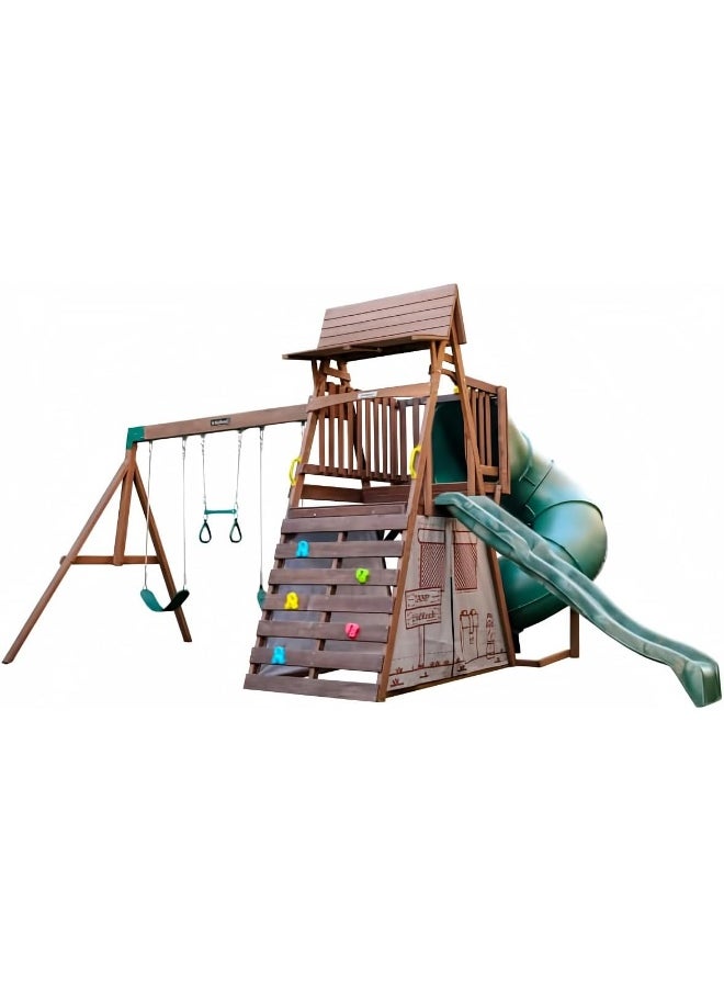 KidKraft KidKraft Ranger Retreat Wooden Swing Set/Playset with Tent, Tube Slide and 3 Swings  - Image 1