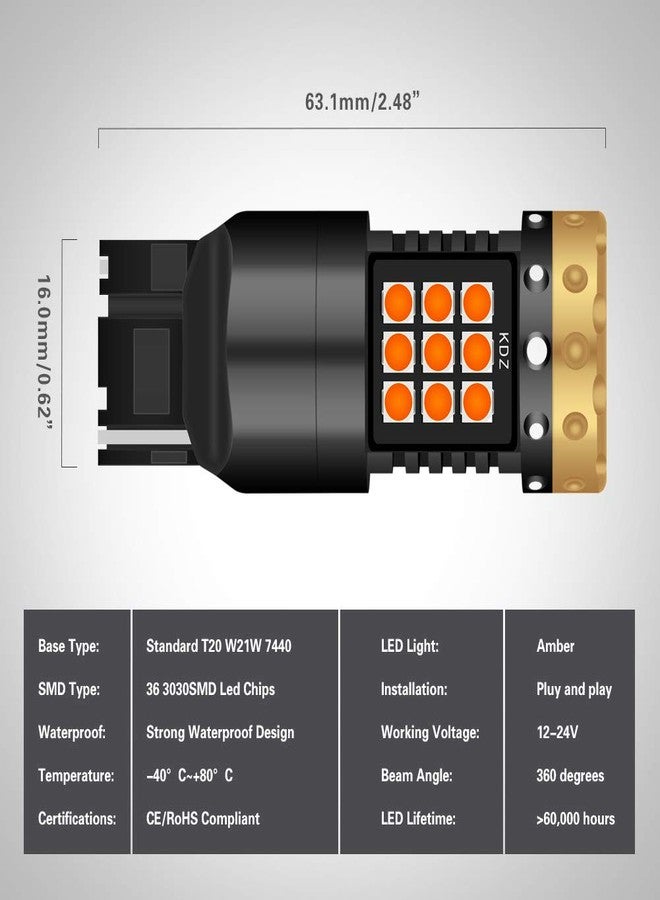 NATGIC مصابيح إشارة انعطاف LED من نوع NATGIC 7440 7440NA 992 T20 بقوة 3700 لومن، 3030، 45SMD، خالية من أخطاء Canbus، مضادة للوميض السريع، مناسبة لإشارات الانعطاف الأمامية أو الخلفية للسيارة، لون كهرماني/أصفر (عبوة من قطعتين). - Image 4