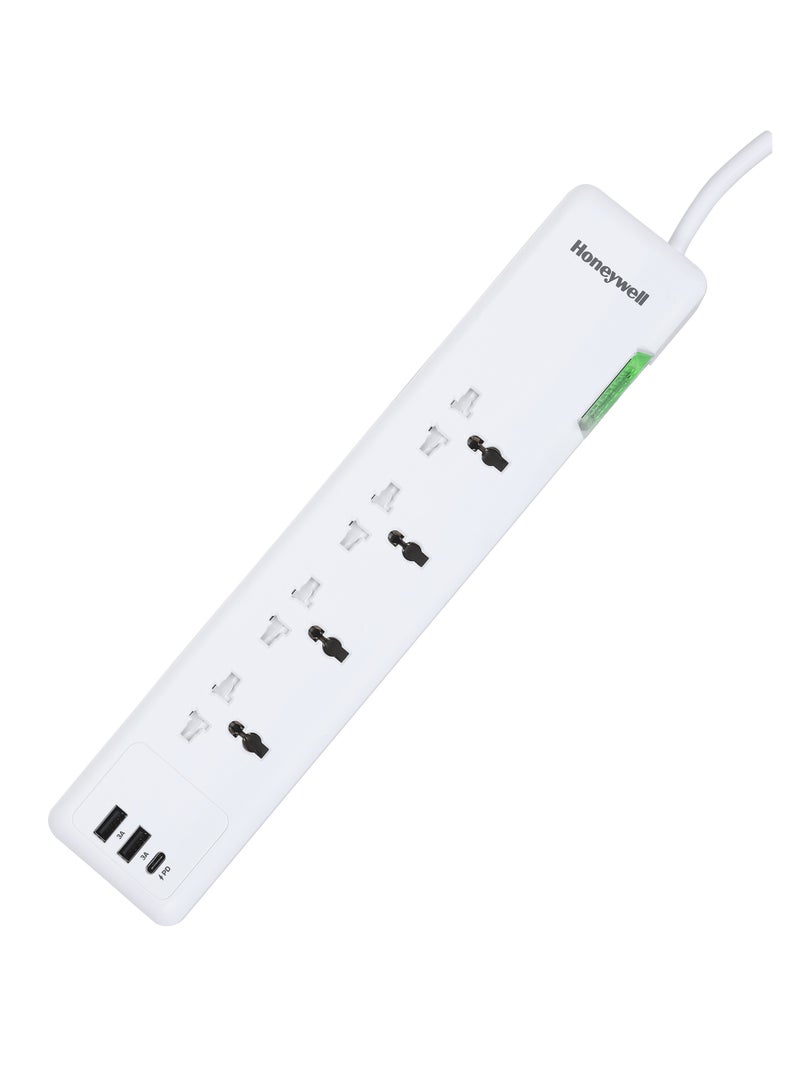 Honeywell Surge Protector, 4 Universal Sockets, 2USB, 1TypeC, 12000Amp, 1.5Mtr Cord, DSW,Automatic Overload Protection,Extension Board, Master Switch, X3 Fireproof MOV tech,3Yr Manufacturer Warranty White-Platinum Series - Image 1