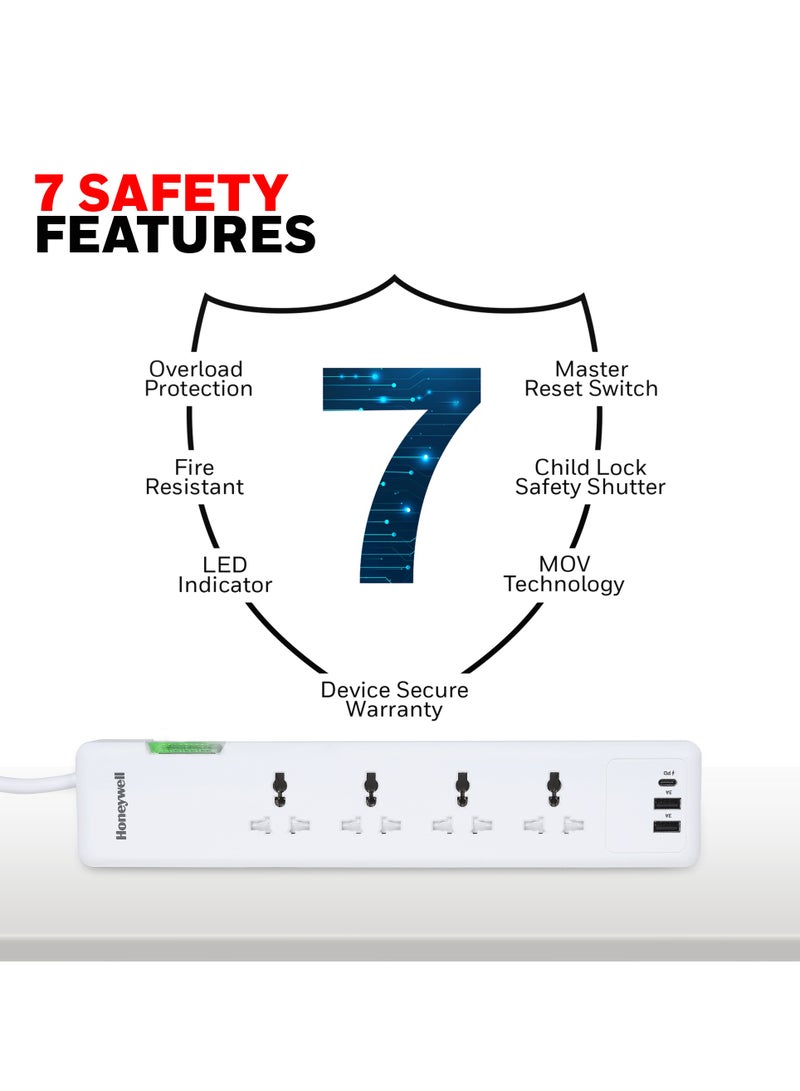 Honeywell Surge Protector, 4 Universal Sockets, 2USB, 1TypeC, 12000Amp, 1.5Mtr Cord, DSW,Automatic Overload Protection,Extension Board, Master Switch, X3 Fireproof MOV tech,3Yr Manufacturer Warranty White-Platinum Series - Image 5