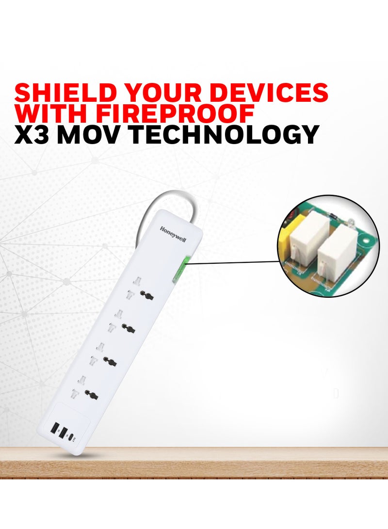 Honeywell Surge Protector, 4 Universal Sockets, 2USB, 1TypeC, 12000Amp, 1.5Mtr Cord, DSW,Automatic Overload Protection,Extension Board, Master Switch, X3 Fireproof MOV tech,3Yr Manufacturer Warranty White-Platinum Series - Image 2