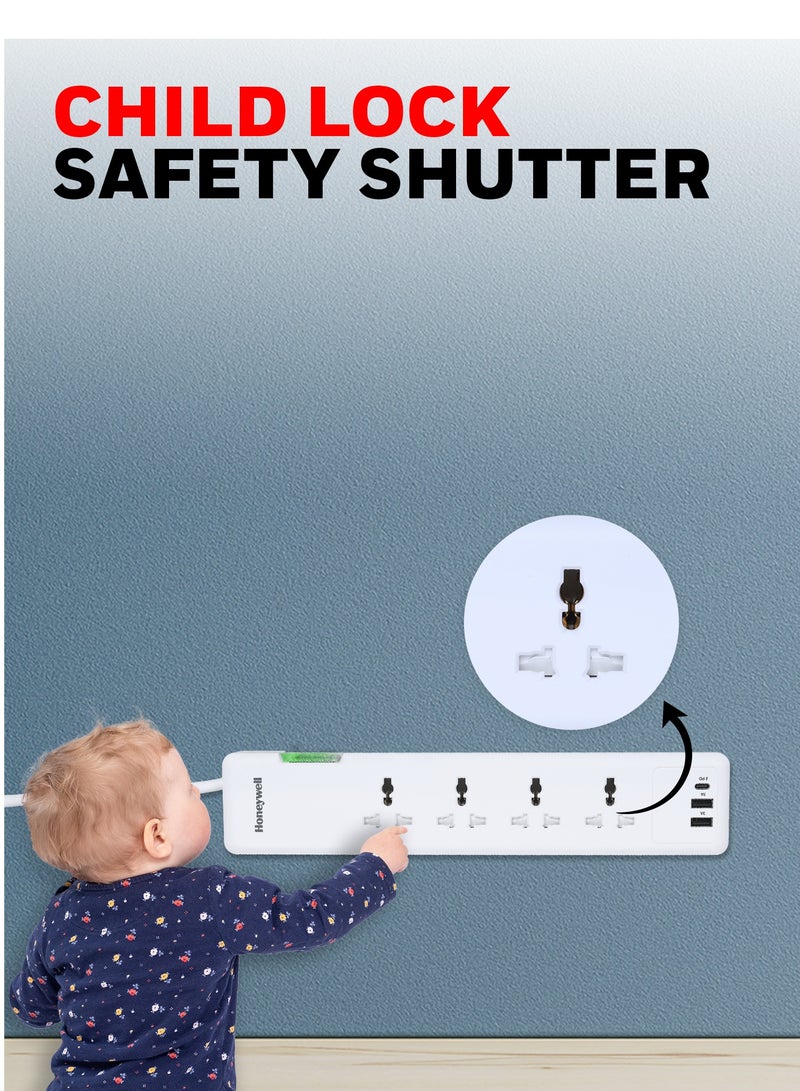 Honeywell Surge Protector, 4 Universal Sockets, 2USB, 1TypeC, 12000Amp, 1.5Mtr Cord, DSW,Automatic Overload Protection,Extension Board, Master Switch, X3 Fireproof MOV tech,3Yr Manufacturer Warranty White-Platinum Series - Image 3