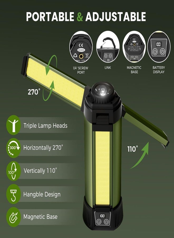 Mlogiroa Rechargeable Camping Light with Stand: Cordless Work Light Kit 3 Page Head 500/1000/2000 Lumen 3500/6500K - Dimmable 6AH Camp Lights with Detachable Tripod,Hooks and Carrying Bag(Green-S) - Image 4
