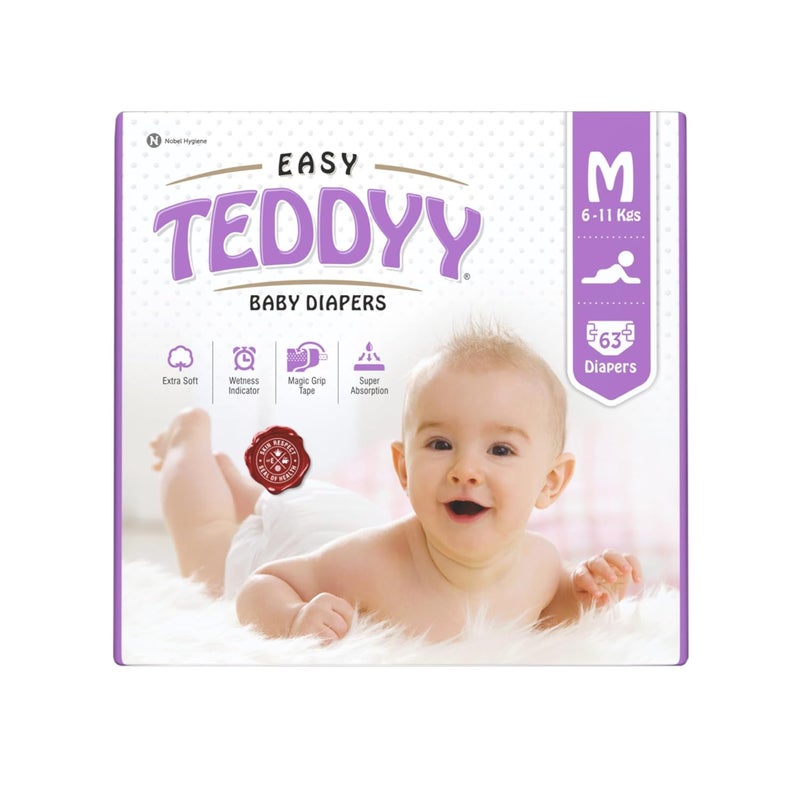 Teddyy حفاضات أطفال سهلة متوسطة (5-7 أشهر) - 63 قطعة، 6-11 كجم، امتصاص طويل الأمد، مضادة للطفح الجلدي - Image 1