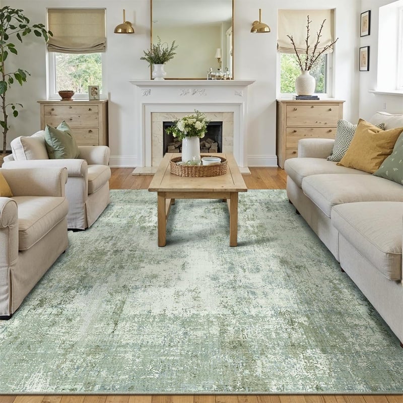 WondRg 8x10 Washable Area Rug Sage Green Abstract Living Room Bedroom Carpet Neutral Modern Non Slip Soft Low Pile Indoor Large Throw Rug for Dining Room Office - Image 1