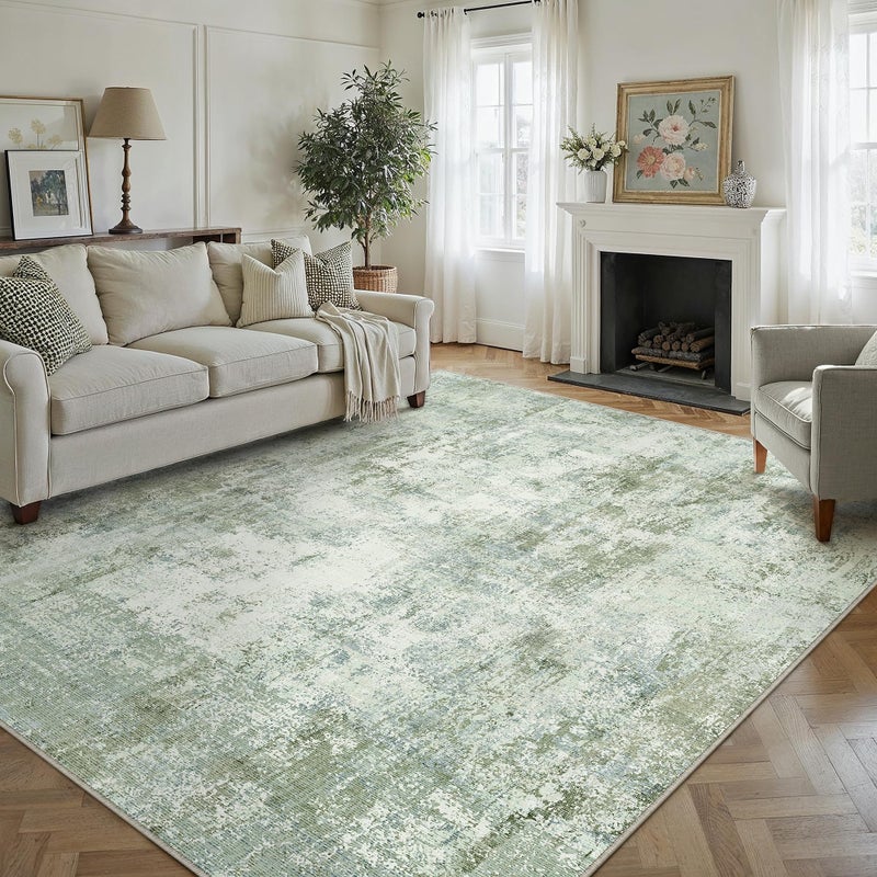 WondRg 8x10 Washable Area Rug Sage Green Abstract Living Room Bedroom Carpet Neutral Modern Non Slip Soft Low Pile Indoor Large Throw Rug for Dining Room Office - Image 4