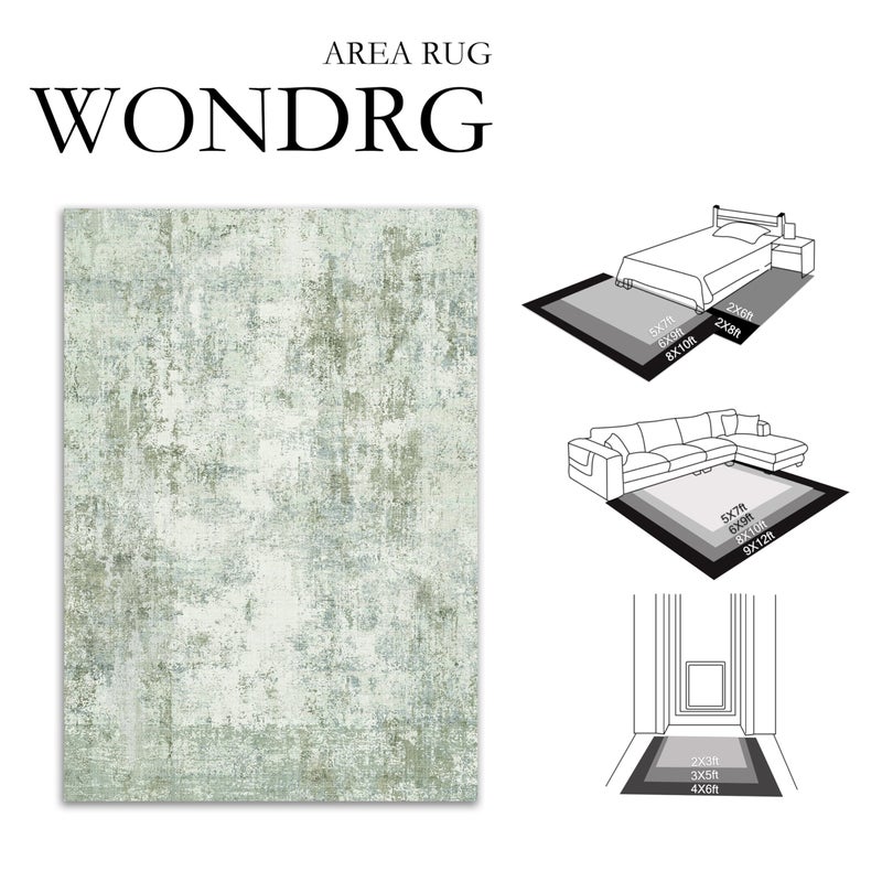 WondRg 8x10 Washable Area Rug Sage Green Abstract Living Room Bedroom Carpet Neutral Modern Non Slip Soft Low Pile Indoor Large Throw Rug for Dining Room Office - Image 2