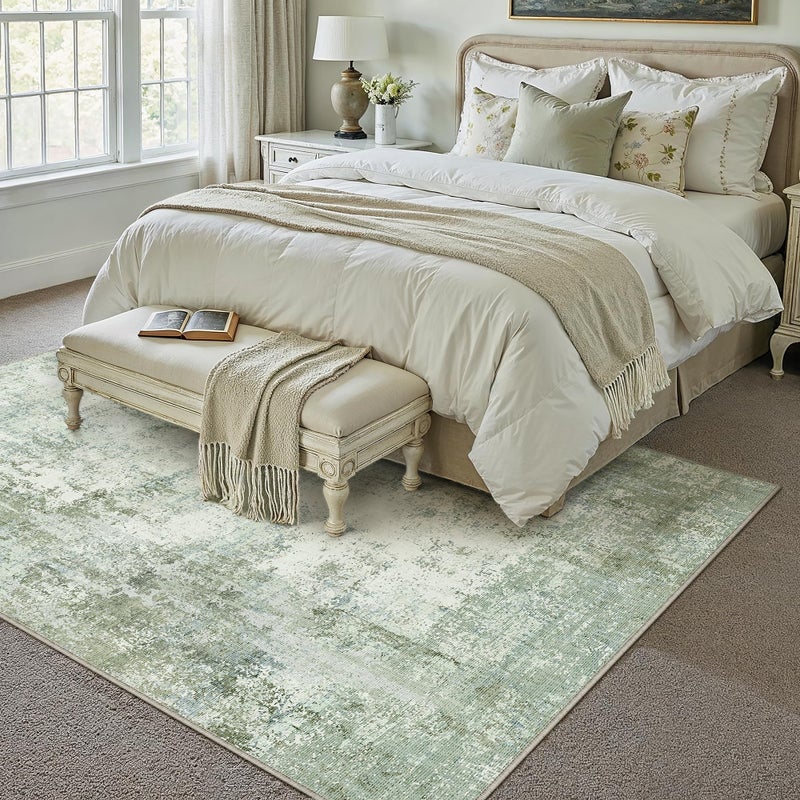 WondRg 8x10 Washable Area Rug Sage Green Abstract Living Room Bedroom Carpet Neutral Modern Non Slip Soft Low Pile Indoor Large Throw Rug for Dining Room Office - Image 3