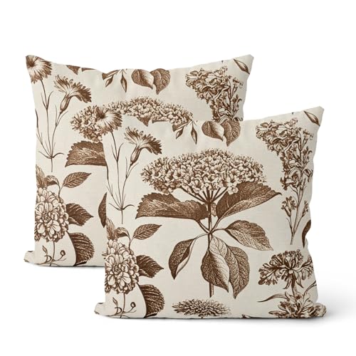 DAFENA Brown Pillow Covers 18x18 Inch 2 Pcs Boho Vintage Floral Decor Throw Pillows Hydrangea Flower Seasonal Outdoor Farmhouse Neutral Accent Decoration Pillowcase Linen Cushion Cover for Couch - Image 1