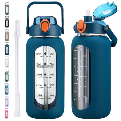 kytffu 64oz Glass Water Bottles with Straw, Half Gallon Motivational Glass Bottle with Silicone Sleeve and Time Marker, 2L Leakproof Large Glass Water Jug for Gym Home Office,Blue - Image 1