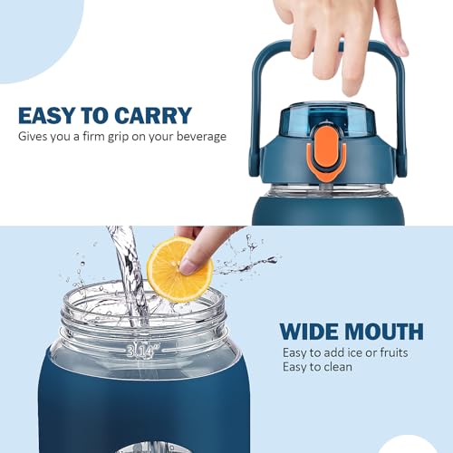 kytffu 64oz Glass Water Bottles with Straw, Half Gallon Motivational Glass Bottle with Silicone Sleeve and Time Marker, 2L Leakproof Large Glass Water Jug for Gym Home Office,Blue - Image 5