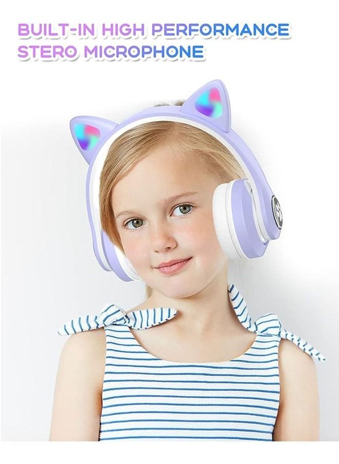 Arabest - Kids Headphones with Microphone/RGB LED Light Up, Cat Ear Bluetooth Headphones 94dB Volume Limiting, Foldable Stereo Over-Ear Headphones for Kids Tablet/School/iPad/Smartphone (Purple) - Image 1