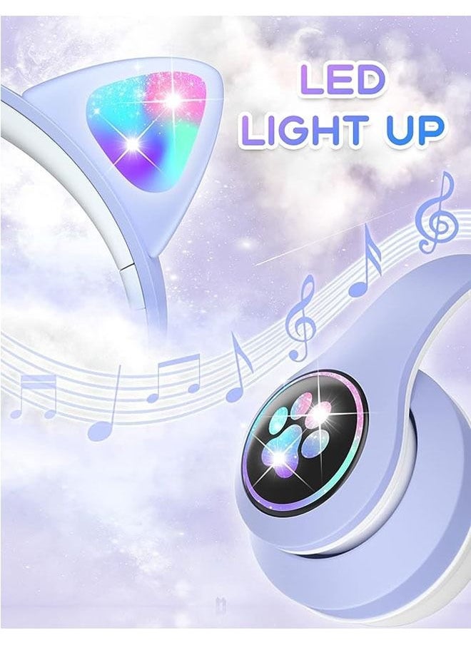 Arabest - Kids Headphones with Microphone/RGB LED Light Up, Cat Ear Bluetooth Headphones 94dB Volume Limiting, Foldable Stereo Over-Ear Headphones for Kids Tablet/School/iPad/Smartphone (Purple) - Image 1