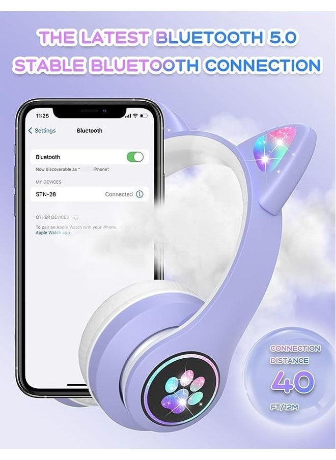 Arabest - Kids Headphones with Microphone/RGB LED Light Up, Cat Ear Bluetooth Headphones 94dB Volume Limiting, Foldable Stereo Over-Ear Headphones for Kids Tablet/School/iPad/Smartphone (Purple) - Image 1