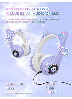 عربست سماعات رأس للأطفال مع ميكروفون / إضاءة RGB LED ، سماعات رأس بلوتوث من Cat Ear 94 ديسيبل ، سماعات رأس استريو فوق الأذن قابلة للطي للأطفال الكمبيوتر اللوحي / المدرسة / iPad / الهاتف الذكي (أرجواني)  - Image 3