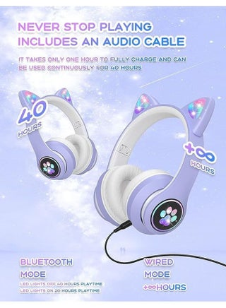 Kids Headphones with Microphone/RGB LED Light Up, Cat Ear Bluetooth Headphones 94dB Volume Limiting, Foldable Stereo Over-Ear Headphones for Kids Tablet/School/iPad/Smartphone (Purple) - view 3
