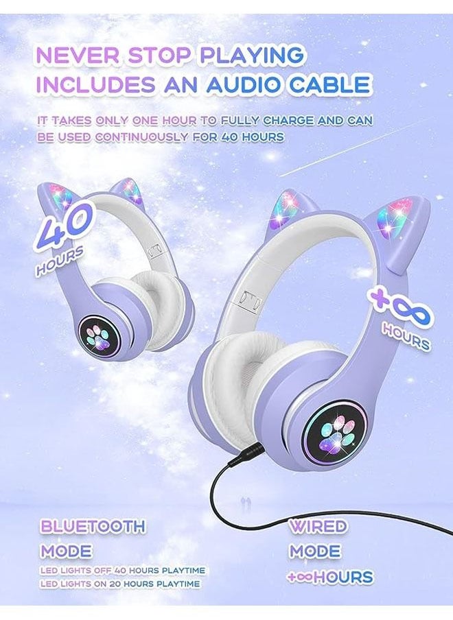 Arabest - Kids Headphones with Microphone/RGB LED Light Up, Cat Ear Bluetooth Headphones 94dB Volume Limiting, Foldable Stereo Over-Ear Headphones for Kids Tablet/School/iPad/Smartphone (Purple) - Image 1