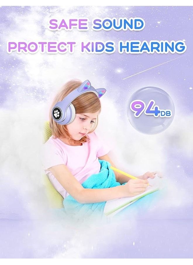 Arabest - Kids Headphones with Microphone/RGB LED Light Up, Cat Ear Bluetooth Headphones 94dB Volume Limiting, Foldable Stereo Over-Ear Headphones for Kids Tablet/School/iPad/Smartphone (Purple) - Image 1