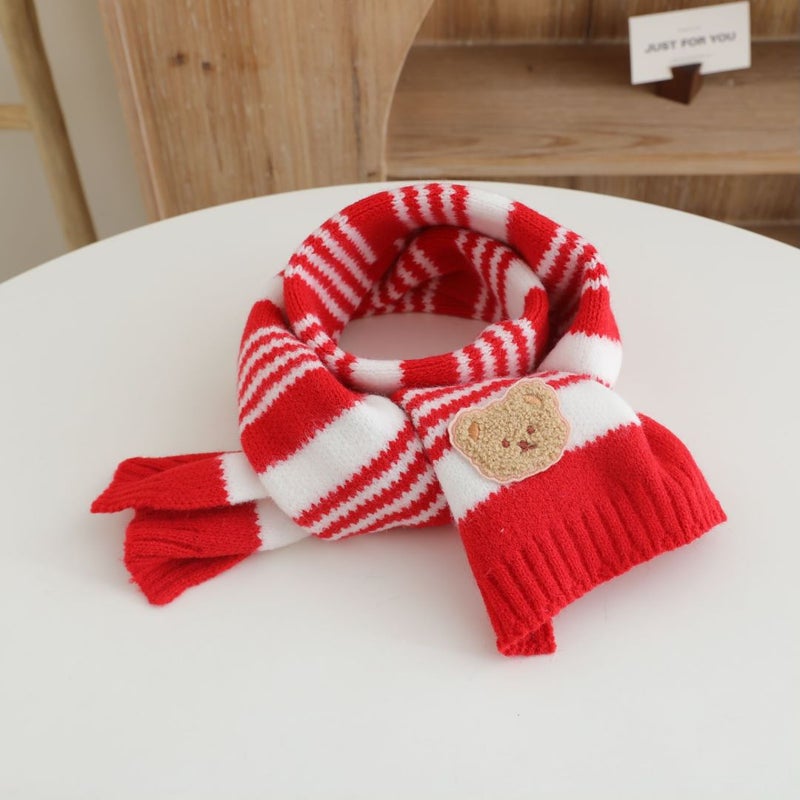 Children'S Woolen Scarf Korean Style Color-Blocked Stripesd Knitted Embroidered Korean Bear Cute Woolen Scarf For Boys And Girls - Image 1