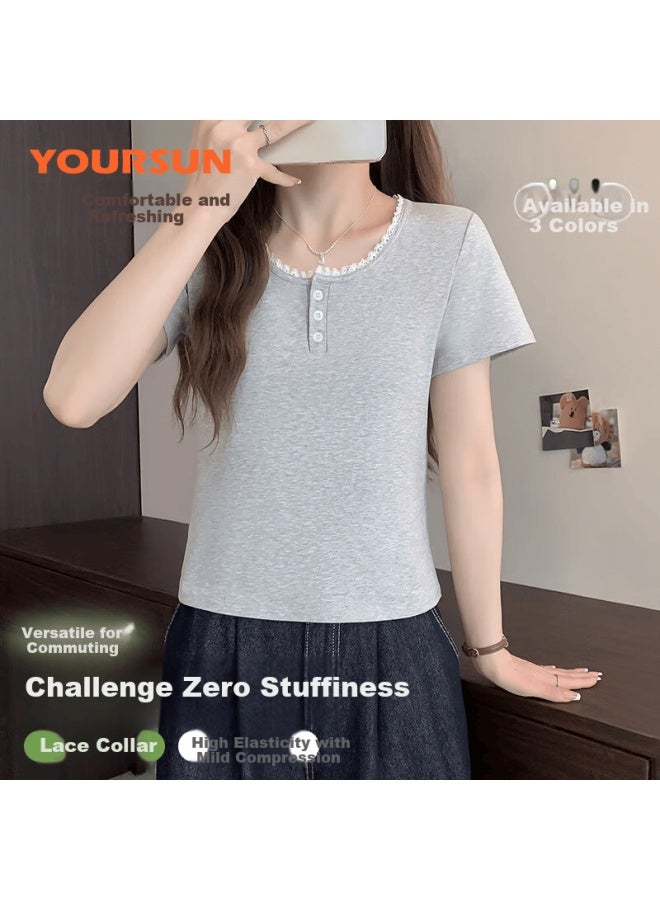 Your Sun Yiershuang Women's Short Sleeve T-shirt Lace Button Collar Summer Thin Slim Fit Shoulder Base Layer Crew Neck Top - Image 2