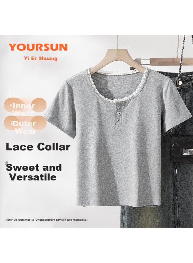 Your Sun Yiershuang Women's Short Sleeve T-shirt Lace Button Collar Summer Thin Slim Fit Shoulder Base Layer Crew Neck Top - Image 1