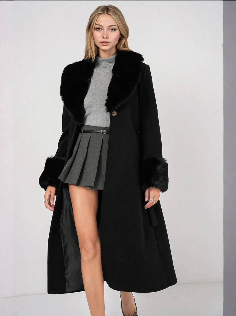 BIG DART BDART Long Fitted Faux Fur Coat with Shawl Collar