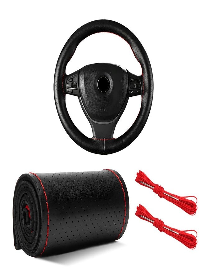 Yourkar Leather Steering Wheel Cover, 15"×15" Breathable Steering Wheel Cover DIY Kit with Needle Thread, Non-Slip Leather Stitch on Wrap Steering Wheel Protector, Car Accessories (Black & Red) - Image 1