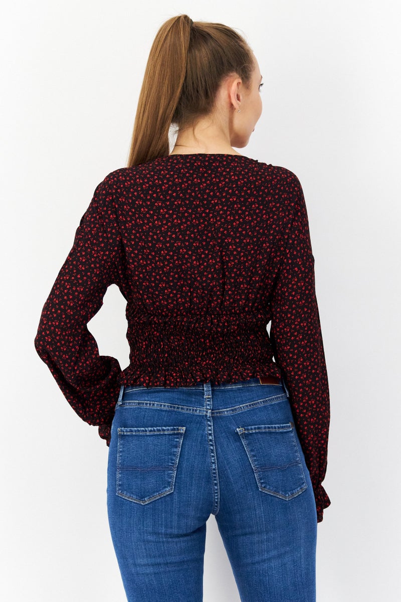 NA-KD Women V Neck Long Sleeve Floral Print Top, Black - Image 4
