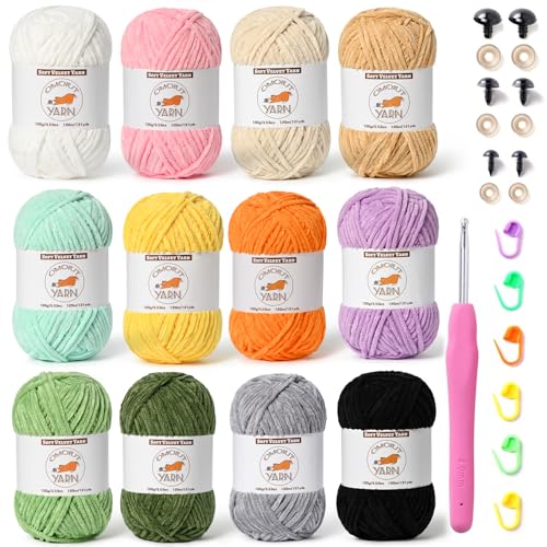 OMoiut 12 Skeins Fluffy Chenille Yarn for Crocheting Soft Bulky Velvet Yarn for Knitting Plush Baby Blanket Crochet Yarn 1572 Yards Multicolor Amigurumi Yarn for Crafts Set C - Image 1