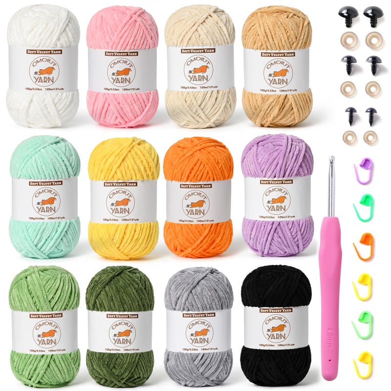 OMoiut 12 Skeins Fluffy Chenille Yarn for Crocheting Soft Bulky Velvet Yarn for Knitting Plush Baby Blanket Crochet Yarn 1572 Yards Multicolor Amigurumi Yarn for Crafts Set C - Image 2