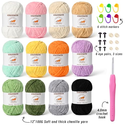 OMoiut 12 Skeins Fluffy Chenille Yarn for Crocheting Soft Bulky Velvet Yarn for Knitting Plush Baby Blanket Crochet Yarn 1572 Yards Multicolor Amigurumi Yarn for Crafts Set C - Image 3