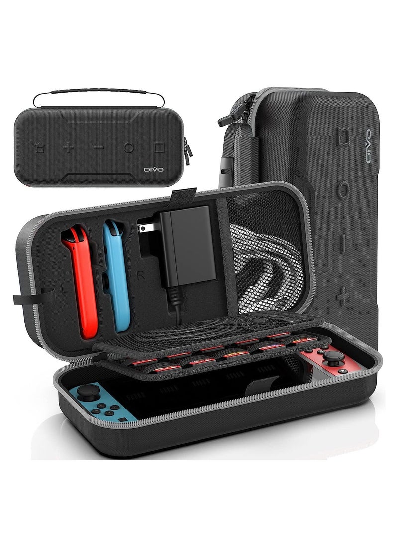 Intag - OIVO Switch OLED Carrying Case Compatible with Nintendo Switch/OLED Model Portable Switch Travel Carry Case Fit for Joy Con and Adapter Hard Shell  Switch Pouch Case with 20 Games Grey Black - Image 1