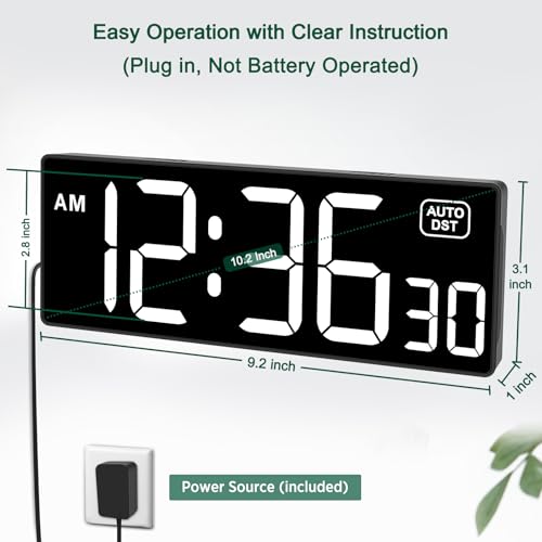Soobest LED Digital Wall Clock with Seconds, Electric Clock Plug Auto DST Dimmer LED Large Display 10 Inches (White) - Image 3