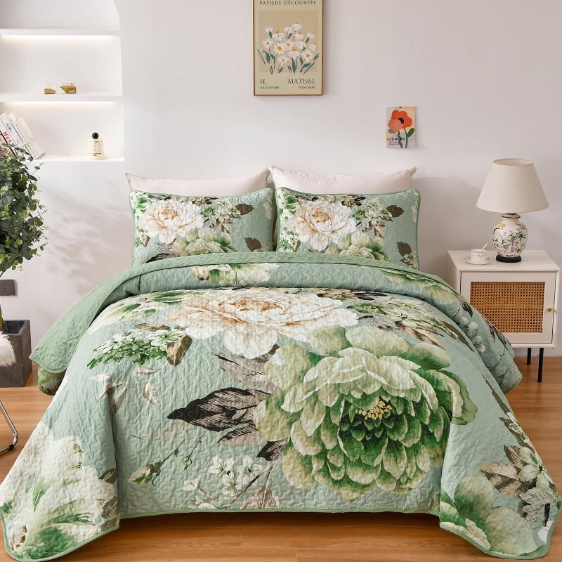 WONGS BEDDING Sage Green Floral Quilt Set King 3 Pieces Elegant Flower Bedspread Coverlet for All Season Reversible Soft Microfiber Lightweight Quilt Bedding Set with 2 Pillow Shams 104X90 - Image 2
