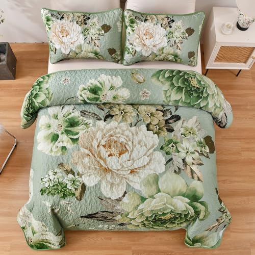 WONGS BEDDING Sage Green Floral Quilt Set King 3 Pieces Elegant Flower Bedspread Coverlet for All Season Reversible Soft Microfiber Lightweight Quilt Bedding Set with 2 Pillow Shams 104X90 - Image 3