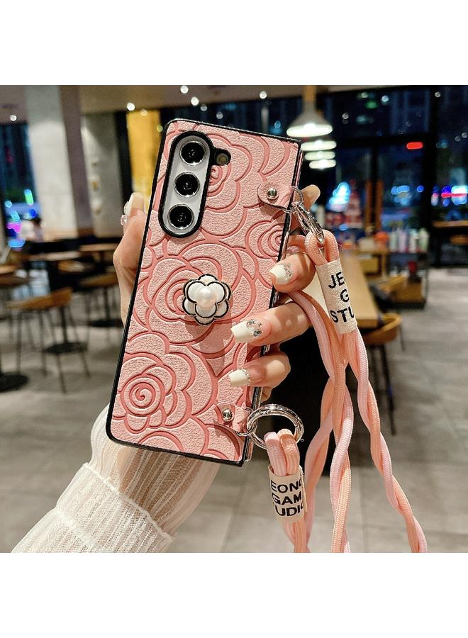 S-TOP Case For Samsung Galaxy Z Fold4 5G Impression Camellia Pattern Protective Phone Case with Long Lanyard - Image 2