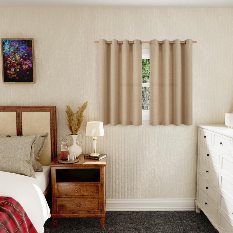 BGment Short Curtains for Bedroom 45 inch Length Faux Linen Curtains for Small Window Grommet Non-See Through Privacy Light Filtering Burlap Textured Kitchen Window 2 Panels 52 x 45 Inch Tan - Image 2