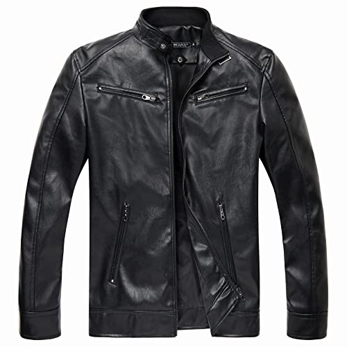 WULFUL Mens Stand Collar Leather Jacket Motorcycle Lightweight Faux Leather Outwear - Image 1